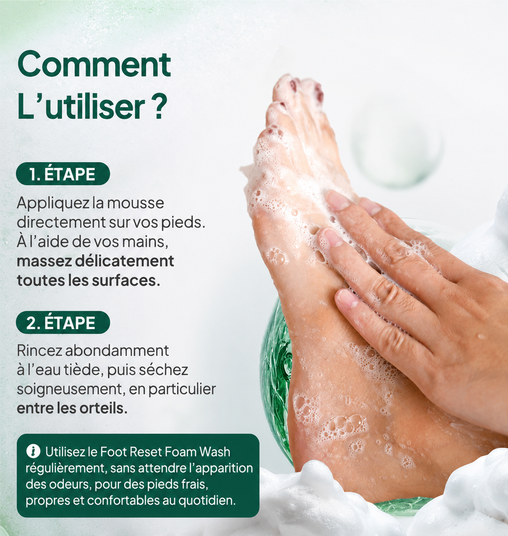 Mousse nettoyante appliquée sur les pieds